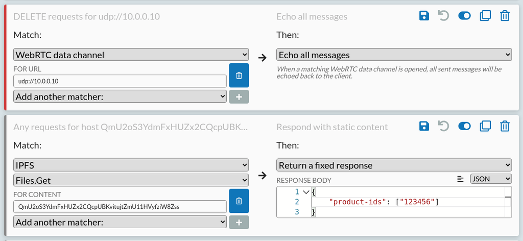 A mockup showing two configurable rules for mocking IPFS and WebRTC rules