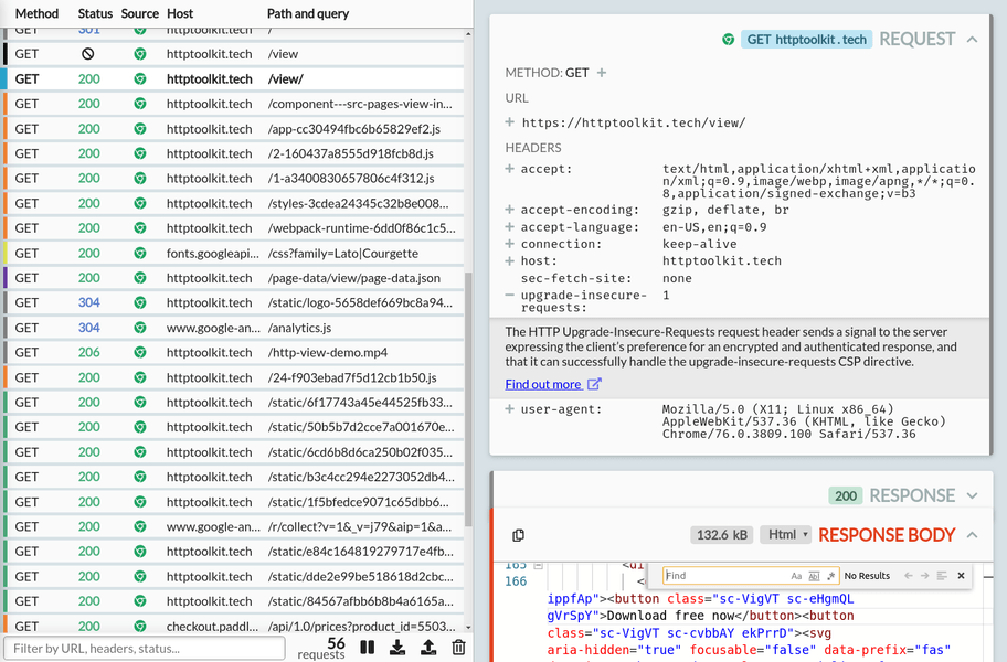 The View page, showing various intercepted requests